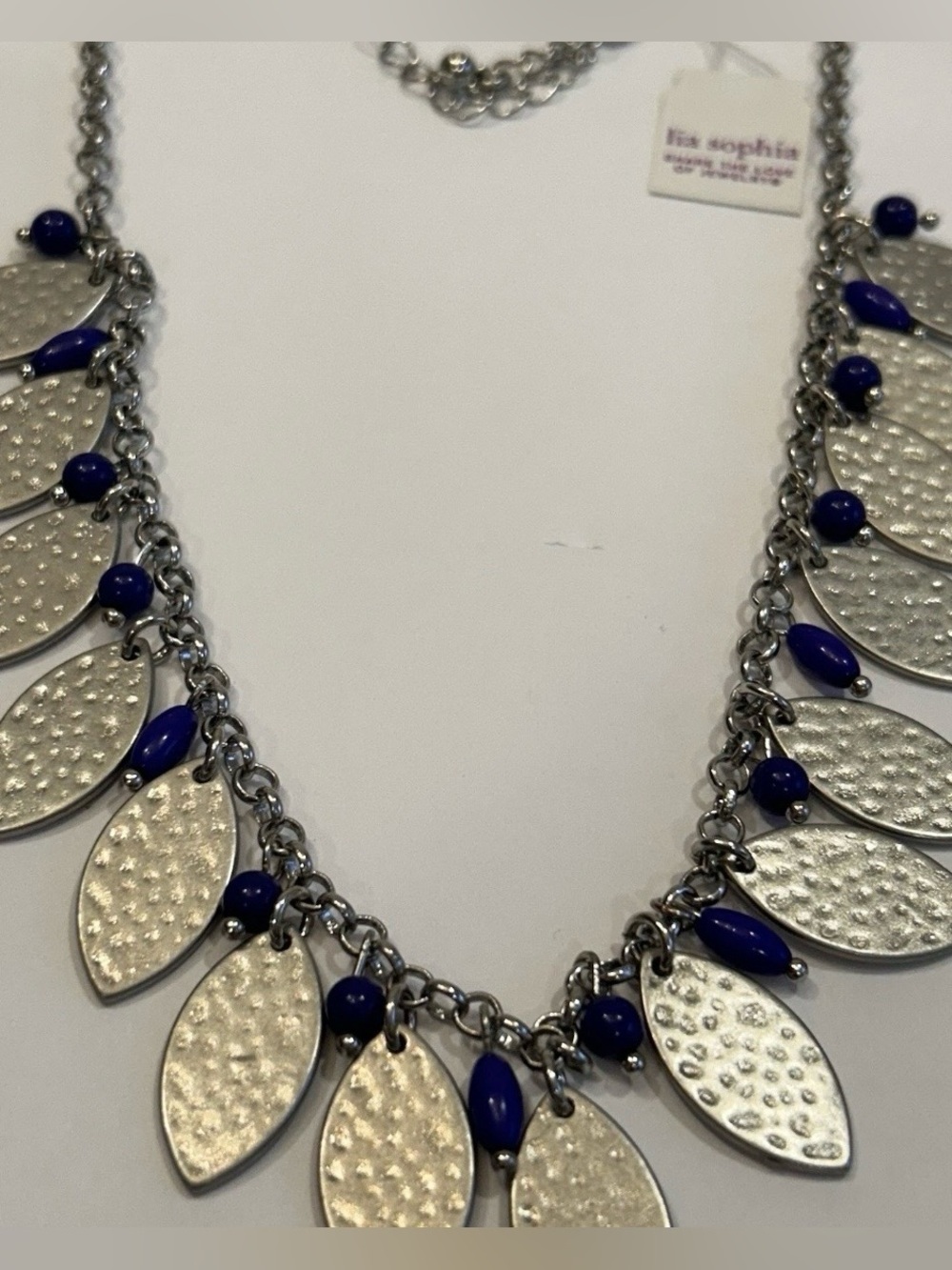 Lia Sophia BREEZE Necklace Silver Tone Hammered Leaves w/Blue Beads